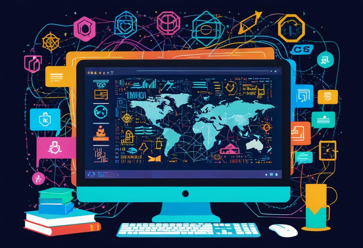 A vibrant digital canvas featuring a computer monitor with various web language icons such as HTML, CSS, JavaScript, and Python surrounding it, connected by dynamic network lines. In the background, a mix of educational symbols like books, graduation caps, and coding brackets merges with flowing code snippets and futuristic graphics. The overall atmosphere should feel motivating and innovative. vector art. vibrant colors.