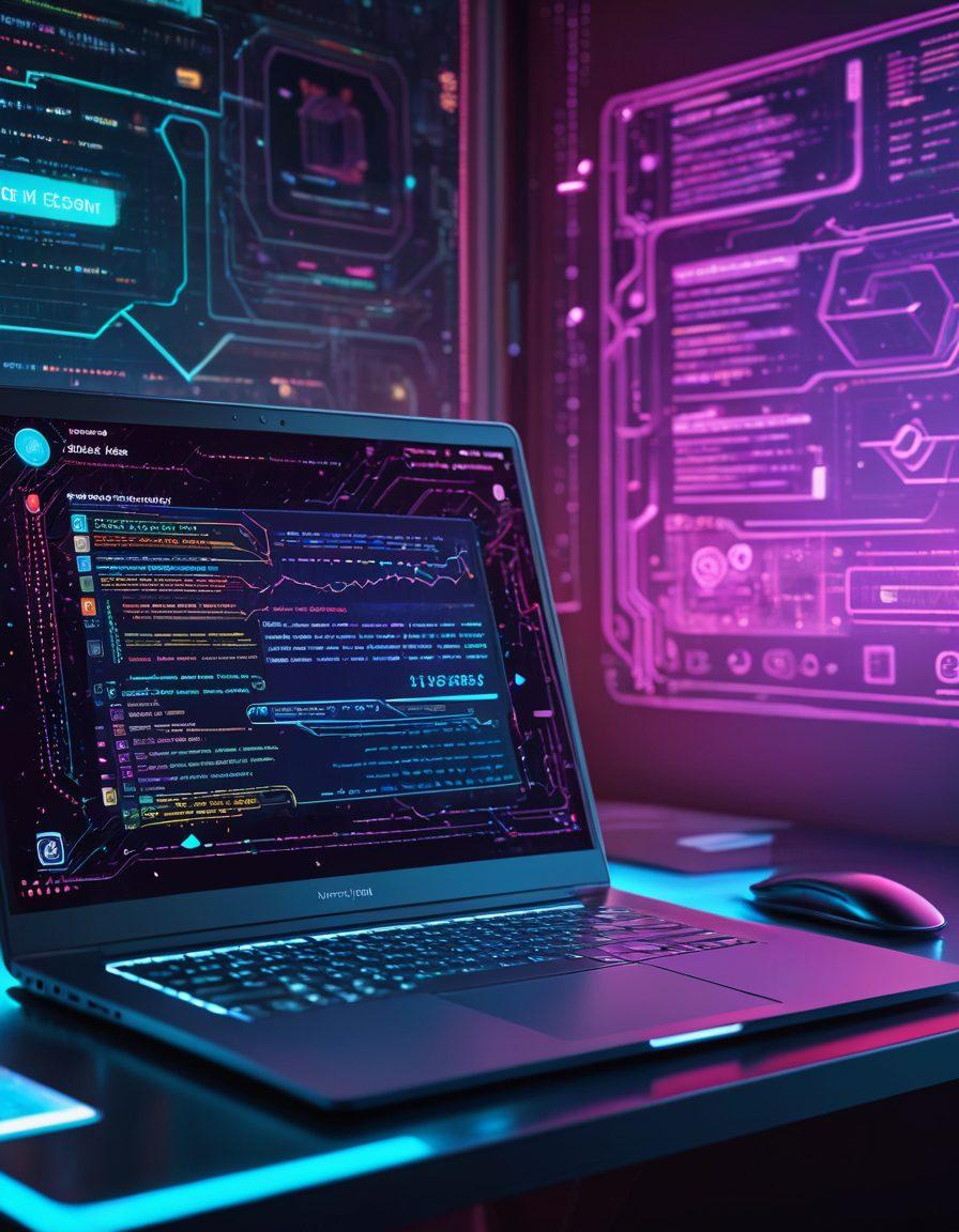 A modern tech workspace with a sleek laptop displaying colorful coding tutorials, surrounded by floating icons of HTML, CSS, JavaScript, and Python. Include a futuristic holographic interface with a progress bar showing 'Learning in Progress'. The background should feature subtle circuit board patterns. super-realistic. vibrant colors.