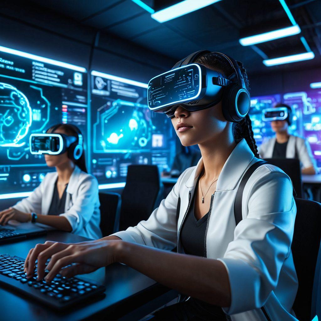 A futuristic digital classroom where holographic language learning interfaces blend seamlessly with coding environments, students using VR headsets absorb language lessons while writing code on virtual screens. cyberpunk, vibrant colors, high-tech. 3D.